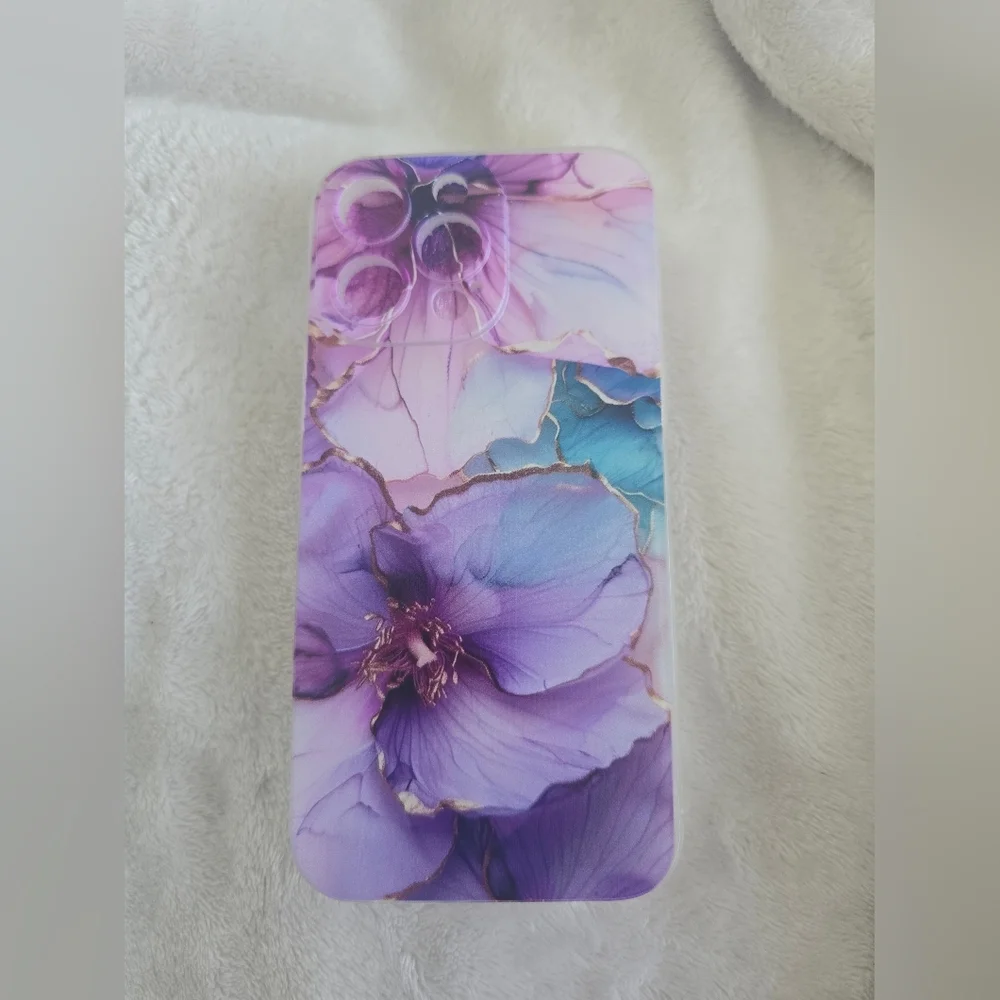 Purple Floral iPhone 14 Pro Max Case with Gold Trim | Aesthetic Protective Cover